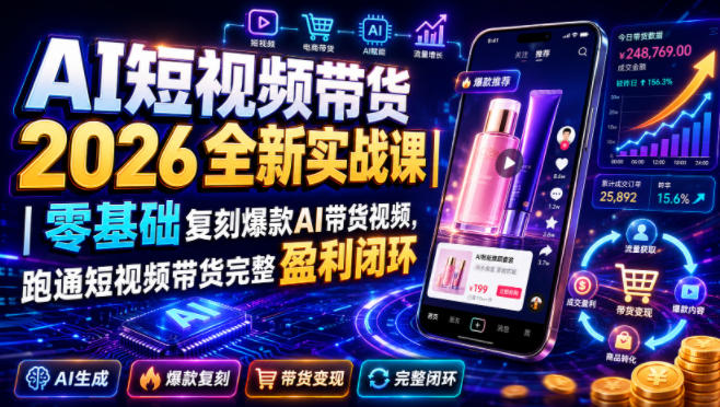 AI短视频带货2026全新实战课|零基础复刻爆款AI带货视频,跑通短视频带货完整盈利闭环-优优云网创
