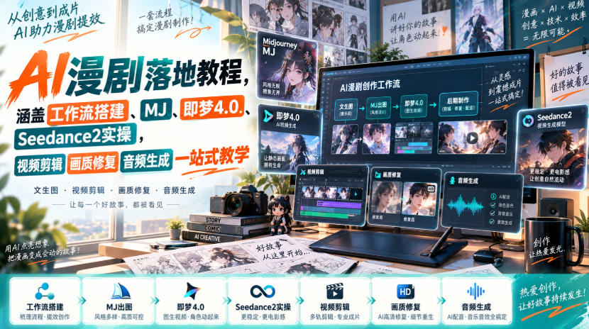 AI漫剧落地教程,涵盖工作流搭建、MJ、即梦4.0、Seedance2实操,视频剪辑画质修复音频生成一站式教学-优优云网创-中创网