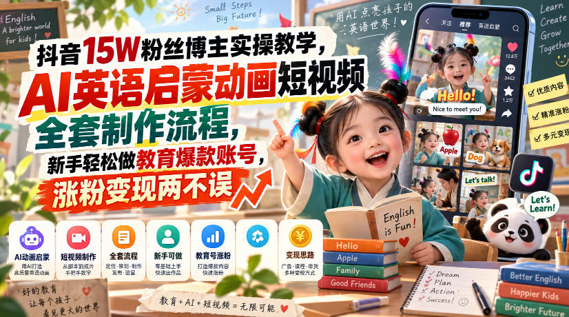抖音15W粉丝博主实操教学,AI英语启蒙动画短视频全套制作流程,新手轻松做教育爆款账号,涨粉变现两不误-优优云网创-中创网