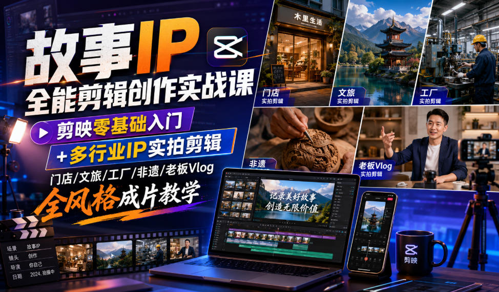 故事IP全能剪辑创作实战课|剪映零基础入门+多行业IP实拍剪辑,门店/文旅/工厂/非遗/老板Vlog全风格成片教学-优优云网创