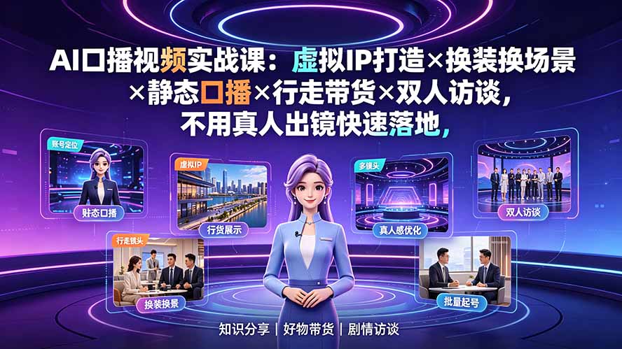 AI口播视频实战课:虚拟IP打造×换装换场景×静态口播×行走带货×双人访谈,不用真人出镜快速落地-优优云网创