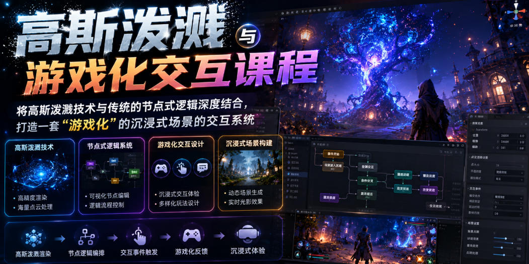 高斯泼溅与游戏化交互课程,将高斯泼溅技术与传统的节点式逻辑深度结合,打造一套“游戏化”的沉浸式场景的交互系统-优优云网创