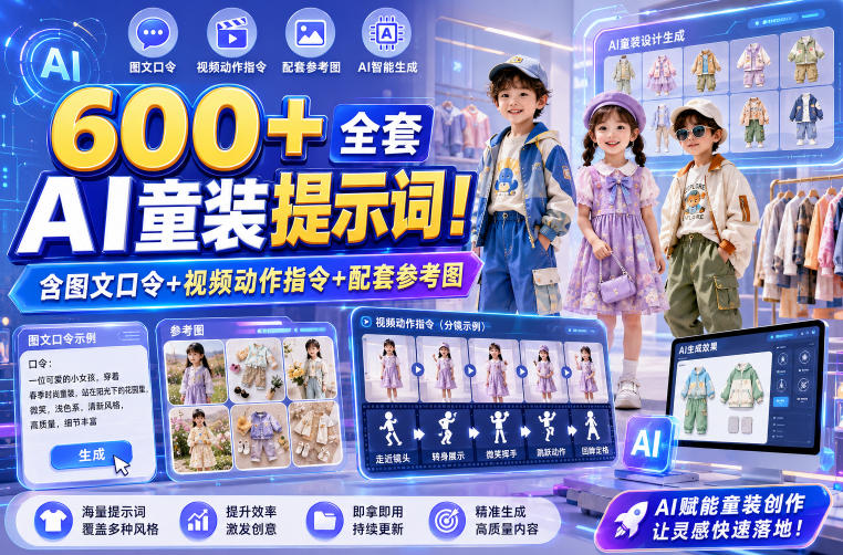 600+全套AI童装提示词!含图文口令+视频动作指令+配套参考图,Word-Excel规整分类,童装电商、种草无脑量产内容!-优优云网创