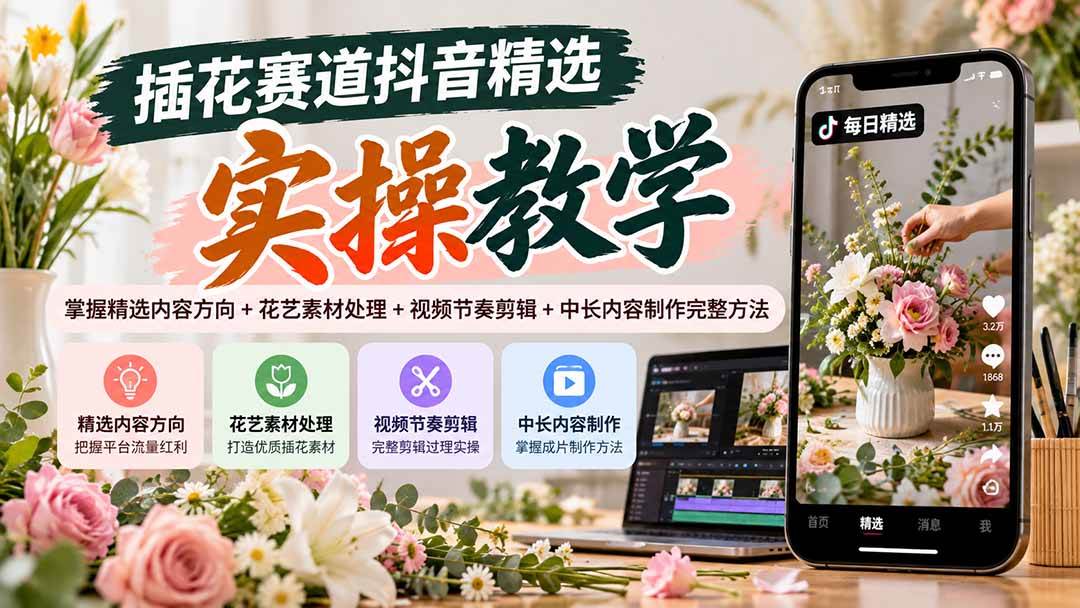 (20775期)插花赛道抖音精选实操教学:掌握精选内容方向+花艺素材处理+视频节奏剪辑+中长内容制作完整方法-优优云网创-中创网
