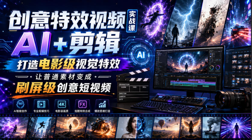创意特效视频实战课,AI+剪辑打造电影级视觉特效,让普通素材变成刷屏级创意短视频-优优云网创
