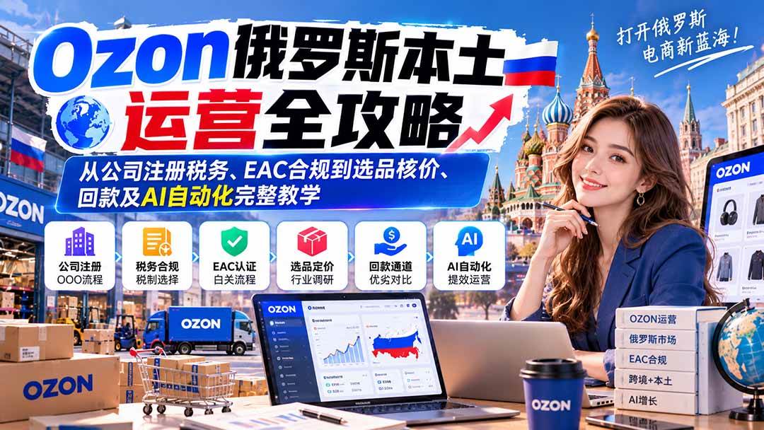 (20851期)Ozon俄罗斯本土运营全攻略:从公司注册税务、EAC合规到选品核价、回款及AI自动化完整教学-优优云网创-中创网