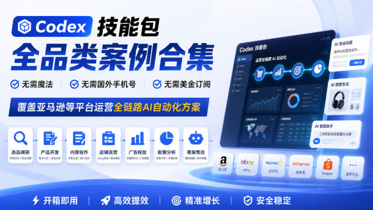 Codex技能包全品类案例合集,无需魔法、无需国外手机号、无需美金订阅,覆盖亚马逊等平台运营全链路AI自动化方案-优优云网创-中创网