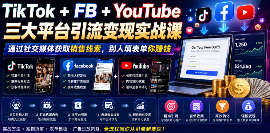 TikTok+FB+YouTube三大平台引流变现实战课,通过社交媒体获取销售线索,别人填表单你賺钱【原创双语字幕】-优优云网创