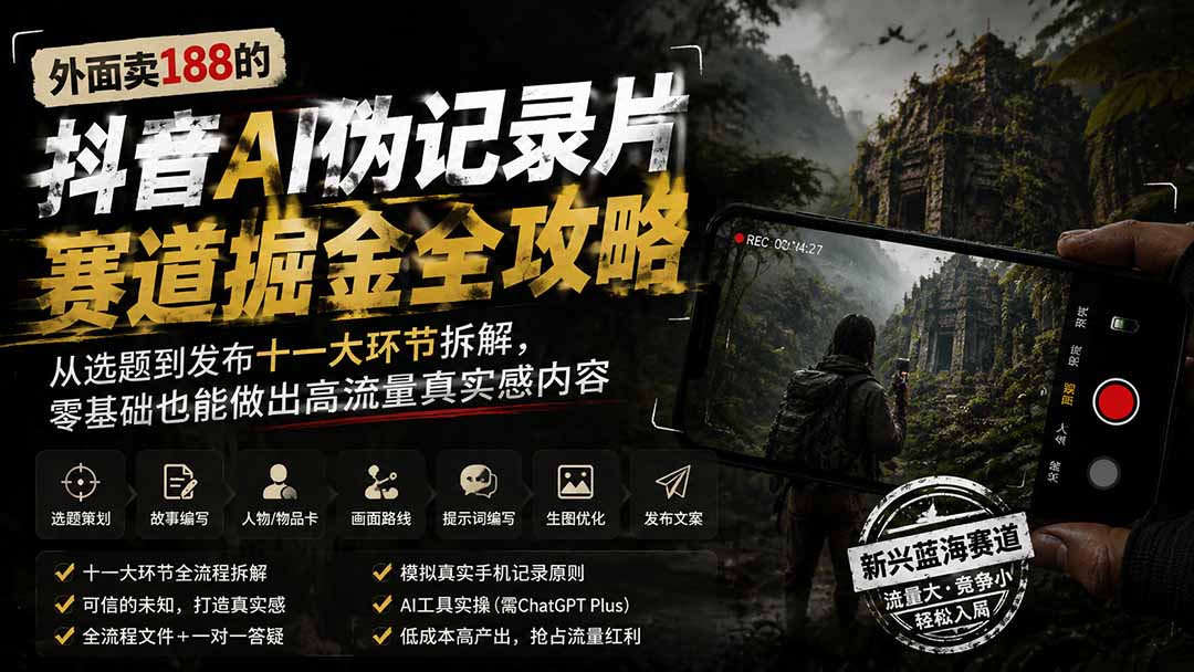 外面卖188的抖音AI伪记录片赛道掘金全攻略;从选题到发布十一大环节拆解,零基础也能做出高流量真实感内容-优优云网创
