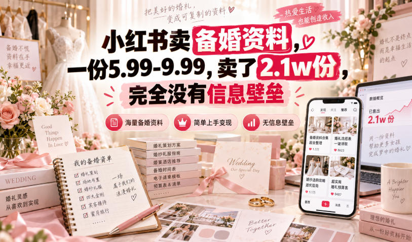 小红书卖备婚资料,一份5.99-9.99,卖了2.1w份,完全没有信息壁垒-优优云网创-中创网