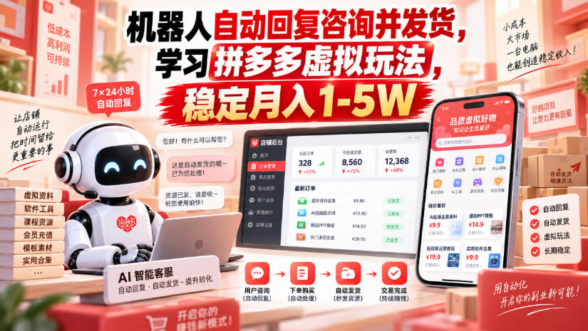 机器人自动回复咨询并发货,学习拼多多虚拟玩法,稳定月入1-5W【揭秘】-优优云网创-中创网