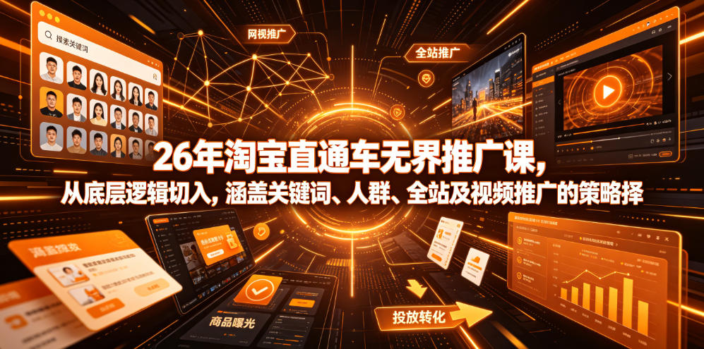 26年淘宝直通车无界推广课,从底层逻辑切入,涵盖关键词、人群、全站及视频推广的策略选择-优优云网创