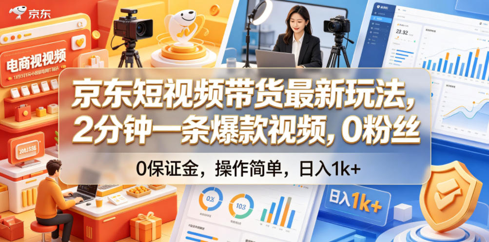 京东短视频带货最新玩法，2分钟一条爆款视频，0粉丝，0保证金，操作简单，日入1k+【揭秘】-优优云网创