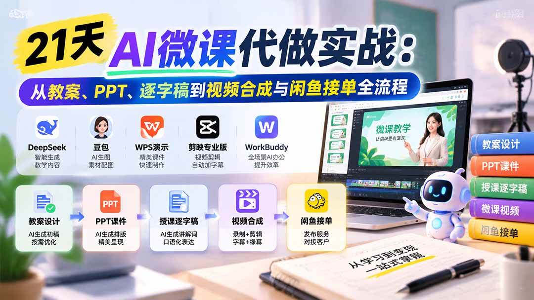（21065期）21天AI微课代做实战：从教案、PPT、逐字稿到视频合成与闲鱼接单全流程-优优云网创-中创网
