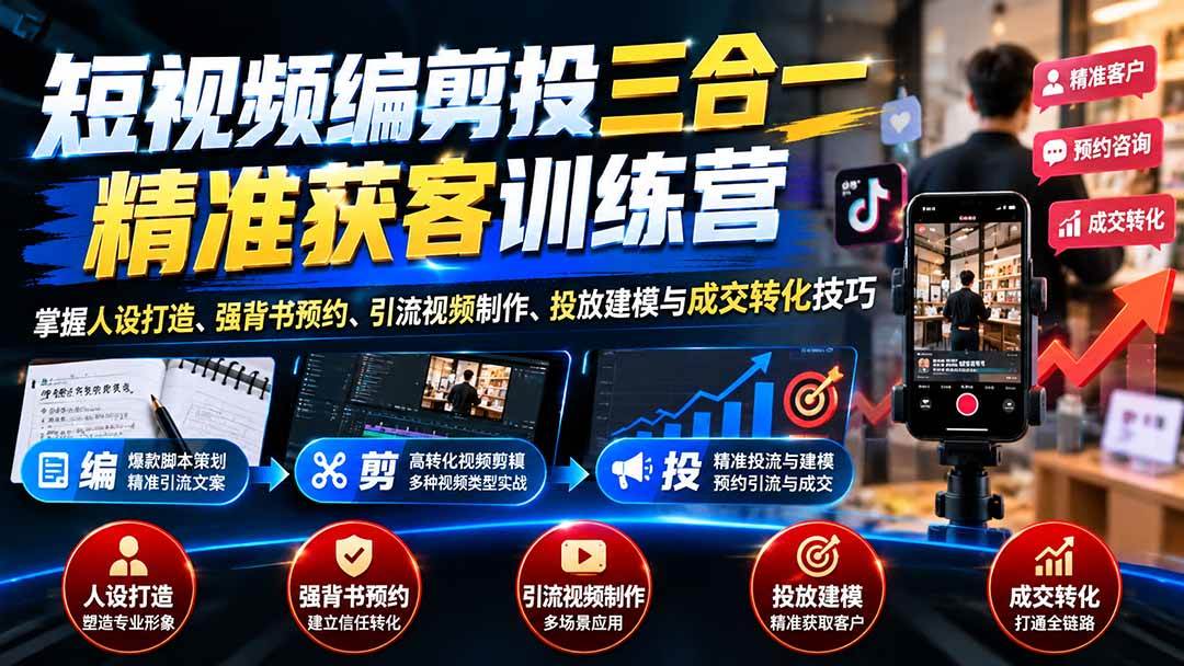 （20910期）短视频编剪投三合一精准获客训练营：掌握人设打造、强背书预约、引流视频制作、投放建模与成交转化技巧-优优云网创-中创网