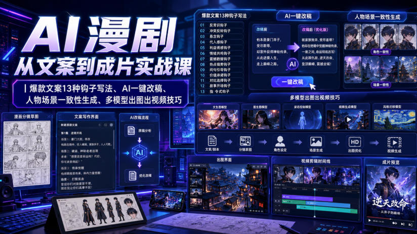 AI漫剧从文案到成片实战课|爆款文案13种钩子写法、AI一键改稿、人物场景一致性生成、多模型出图出视频技巧-优优云网创