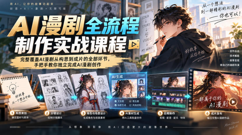 AI漫剧全流程制作实战课程，完整覆盖AI漫剧从构思到成片的全部环节，手把手教你独立完成AI漫剧创作-优优云网创-中创网