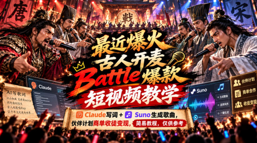最近爆火古人开麦Battle爆款短视频教学，Claude写词+Suno生成歌曲，伙伴计划商单收徒变现，简易教程，仅供参考-优优云网创-中创网