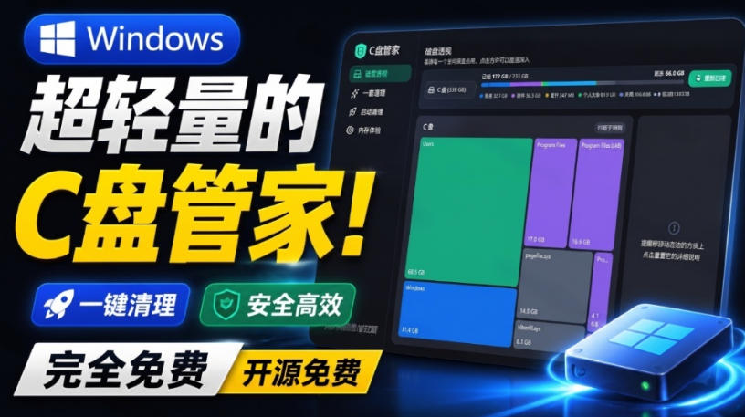 Windows超轻量的C盘管家!超级有特点,支持磁盘分析及清理提醒,2M大小体积,完全免费C盘管家-优优云网创-中创网