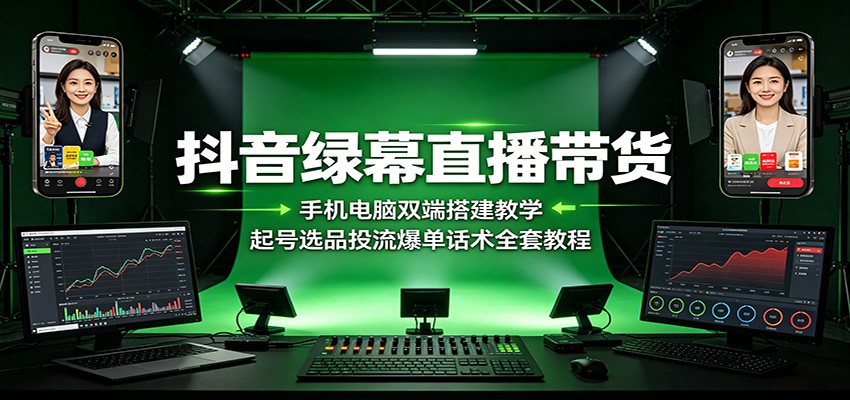 抖音绿幕直播带货:手机电脑双端搭建教学,起号选品投流爆单话术全套教程-优优云网创