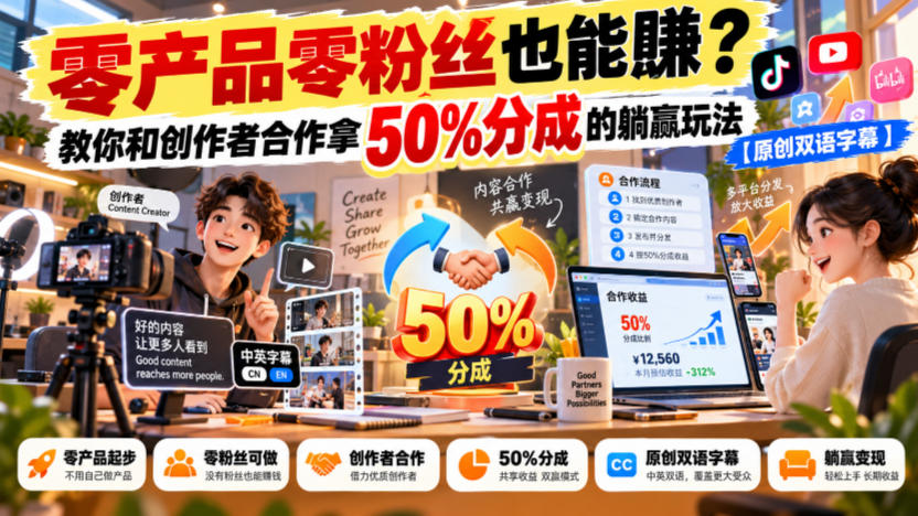 【无水印】零产品零粉丝也能賺?教你和创作者合作拿50%分成的躺赢玩法【原创双语字幕】-优优云网创-中创网