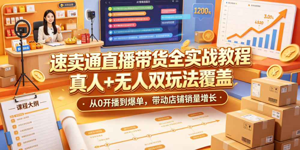 速卖通直播带货全实战教程，真人+无人双玩法覆盖，从0开播到爆单，带动店铺销量增长-优优云网创