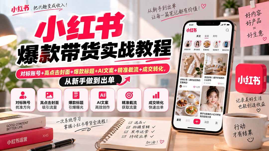 （20473期）小红书爆款带货实战教程｜对标账号+高点击封面+爆款标题+AI文案+精准截流+成交转化，从新手做到出单-优优云网创-中创网