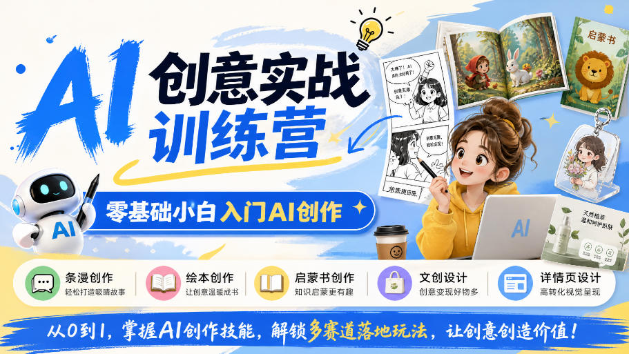 AI创意实战训练营,零基础小白入门AI创作,解锁条漫、绘本、启蒙书、文创、详情页多赛道落地玩法-优优云网创-中创网