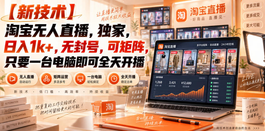 【独家新技术】淘宝无人直播,日入1k+,无封号,可矩阵,只要一台电脑即可全天开播【揭秘】 【独家新技术】淘宝无人直播,日入1k+,无封号,可矩阵,只要一台电脑即可全天开播【揭秘】