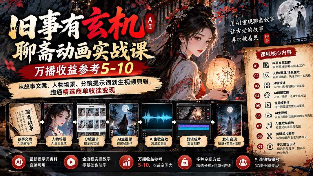 (20789期)旧事有玄机AI聊斋动画实战9月新课:万播收益参考5-10,从故事文案、人物场景到分镜生视频,跑通精选商单收徒-优优云网创-中创网