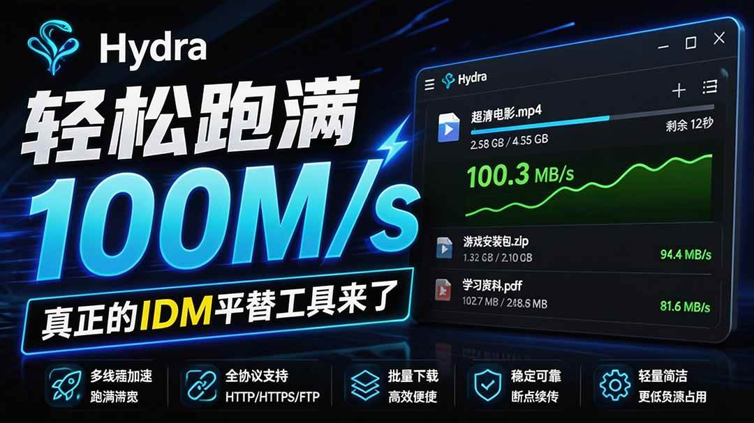 (20350期)轻松跑满100M/s,真正的IDM平替工具来了,开源多线程器,支持浏览器拓展,一键智能加速 Hydra Download Manager-优优云网创-中创网