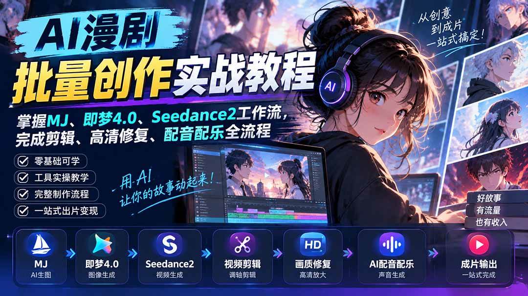 （20488期）AI漫剧批量创作实战教程：掌握MJ、即梦4.0、Seedance2工作流，完成剪辑、高清修复、配音配乐全流程-优优云网创-中创网
