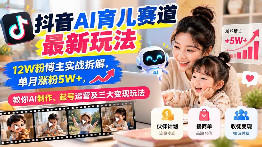 （21082期）抖音AI育儿赛道最新玩法：12W粉博主实战拆解，单月涨粉5W+，教你AI制作、起号运营及三大变现玩法-优优云网创-中创网