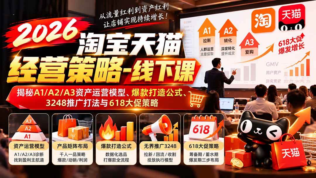 （20912期）2026淘宝天猫经营策略-线下课：揭秘A1/A2/A3资产运营模型、爆款打造公式、3248推广打法与618大促策略-优优云网创-中创网