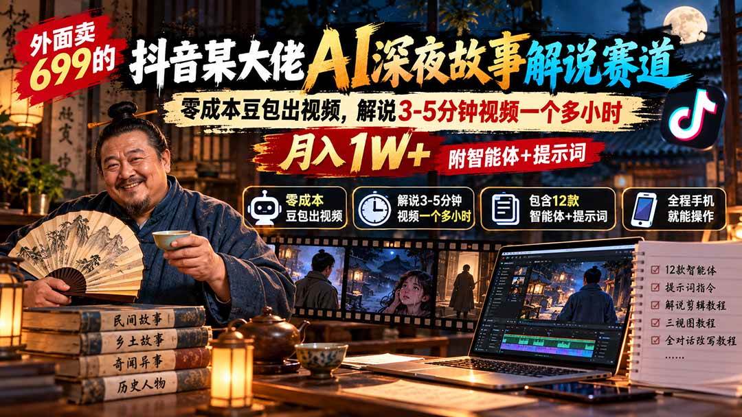 (20853期)外面卖699抖音某大佬AI深夜故事解说赛道-更新:0成本豆包出视频+解说3-5分钟视频一个多小时,月入1W+附智能体+提示词-优优云网创-中创网