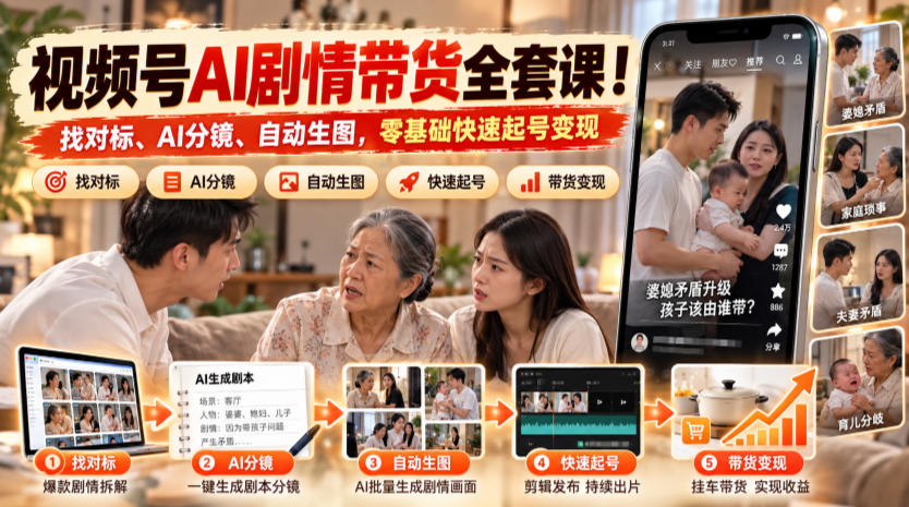 视频号AI剧情带货全套课！找对标、AI分镜、自动生图，零基础快速起号变现-优优云网创-中创网