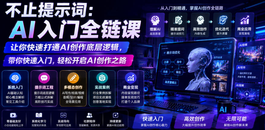 不止提示词:AI入门全链课,让你快速打通AI创作底层逻辑,带你快速入门,轻松开启AI创作之路-优优云网创