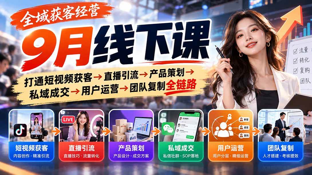 (20777期)全域获客经营9月线下课:打通短视频获客→直播引流→产品策划→私域成交→用户运营→团队复制全链路-优优云网创-中创网