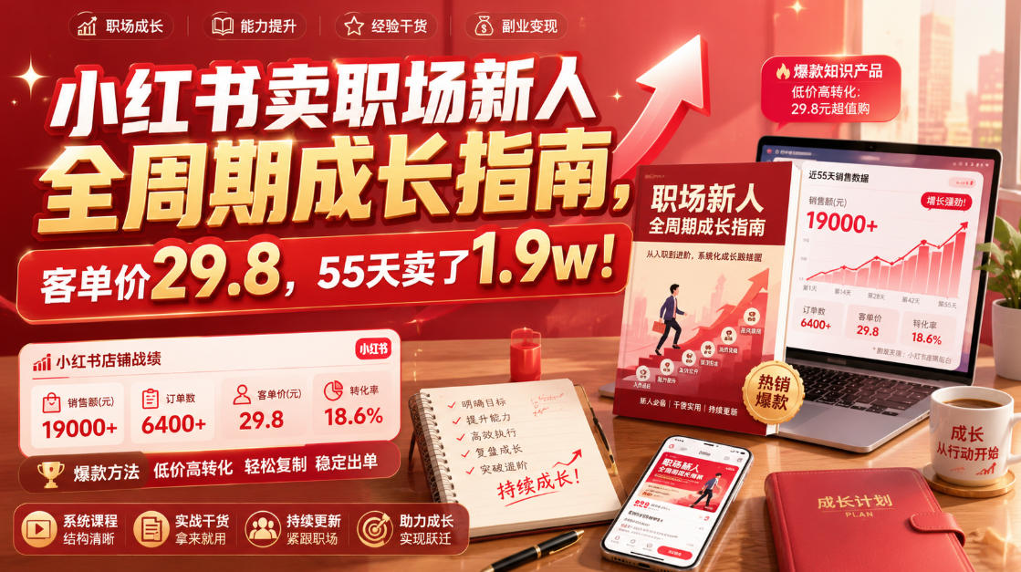 小红书卖职场新人全周期成长指南，客单价29.8，55天卖了1.9w！-优优云网创
