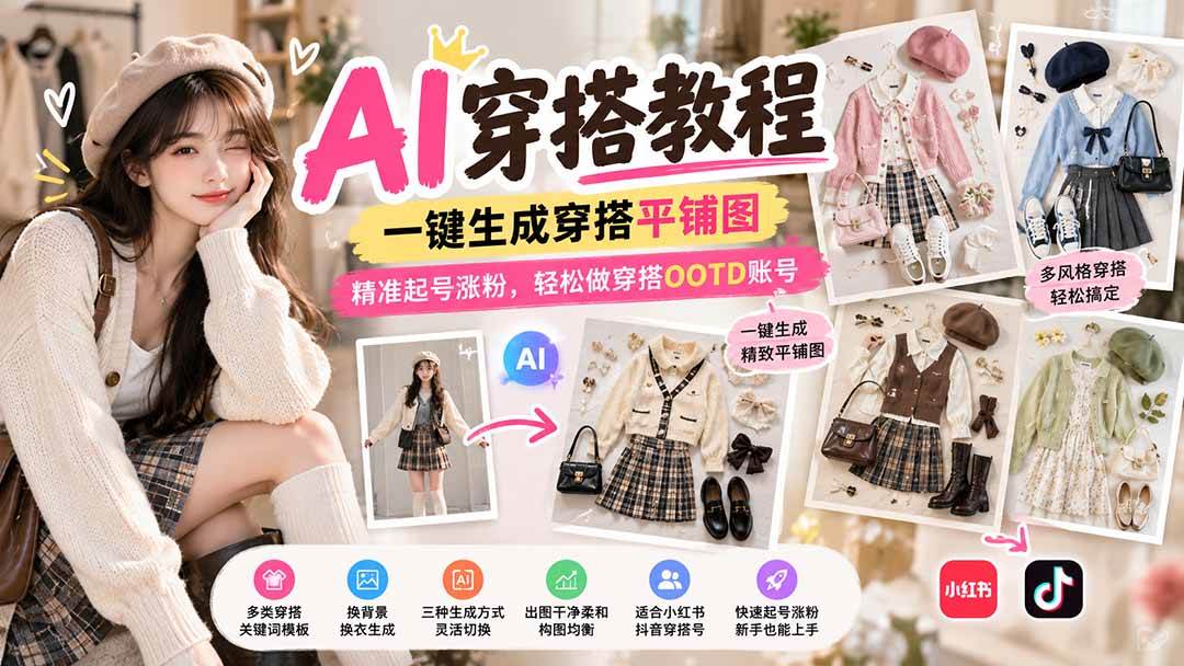 (21134期)【无水印】AI穿搭教程|一键生成穿搭平铺图,精准起号涨粉,轻松做穿搭OOTD账号-优优云网创-中创网
