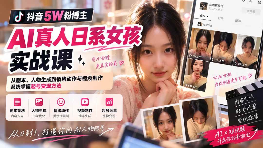 （20387期）抖音5W粉博主AI真人日系女孩实战课：从剧本、人物生成到情绪动作与视频制作，系统掌握起号变现方法-优优云网创-中创网