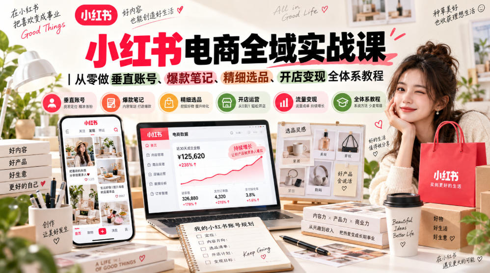 小红书电商全域实战课|从零做垂直账号、爆款笔记、精细选品、开店变现全体系教程-优优云网创-中创网