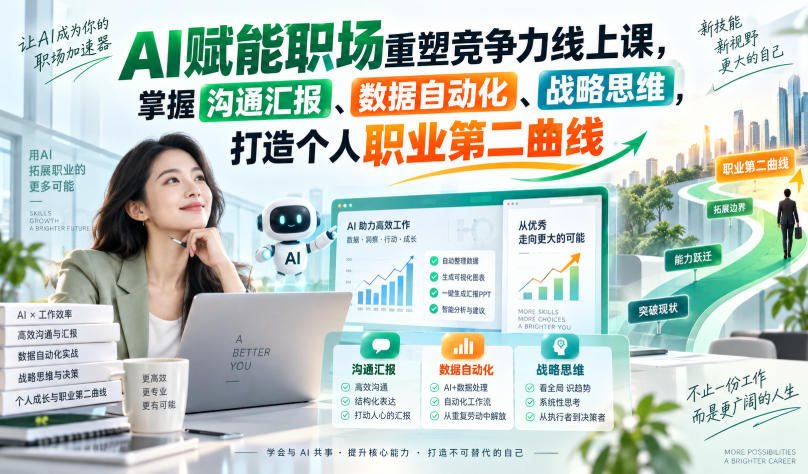 AI赋能职场重塑竞争力线上课,掌握沟通汇报、数据自动化、战略思维,打造个人职业第二曲线-优优云网创-中创网