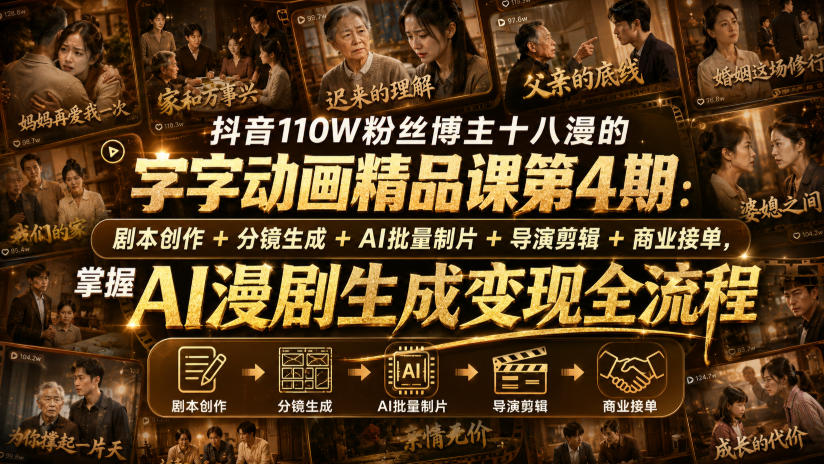 抖音110W粉丝博主十八漫的字字动画精品课第4期:剧本创作+分镜生成+剪辑+商业接单,掌握AI漫剧生成变现全流程(更新0916)-优优云网创-中创网