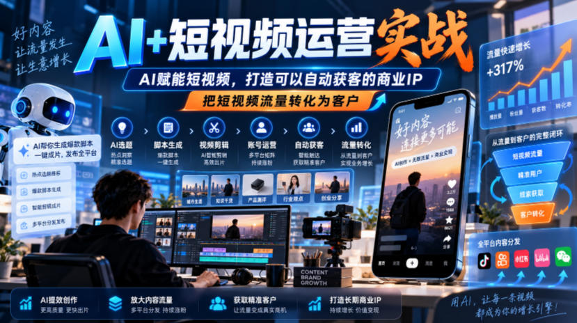 AI+短视频运营实战，AI赋能短视频，打造可以自动获客的商业IP，把短视频流量转化为客户-优优云网创-中创网