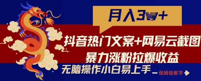抖音热门文案+网易云截图暴力涨粉拉爆收益玩法,小白无脑操作,简单易上手【揭秘】-优优云网创