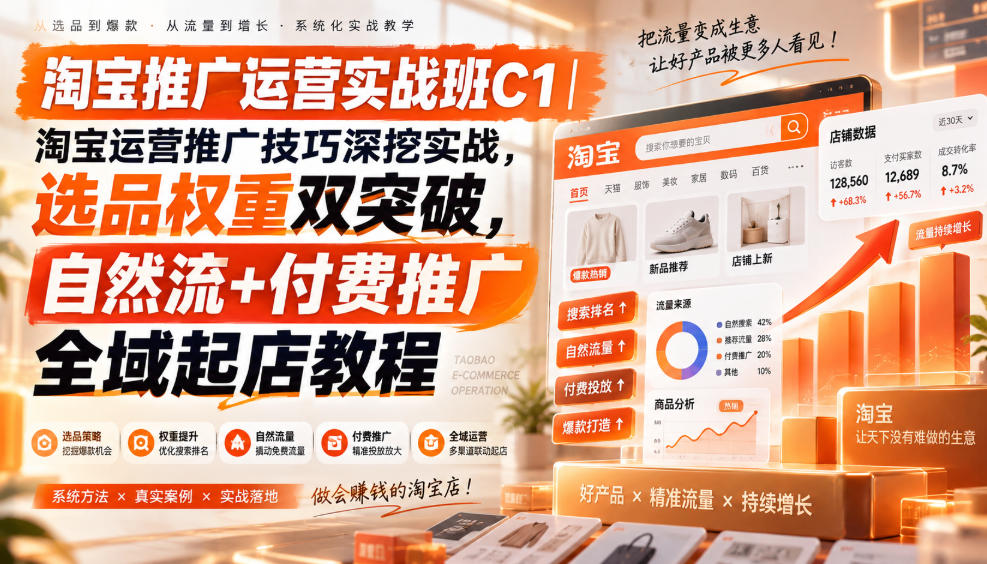 淘宝推广运营实战班C1|淘宝运营推广技巧深挖实战,选品权重双突破,自然流+付费推广全域起店教程-优优云网创-中创网
