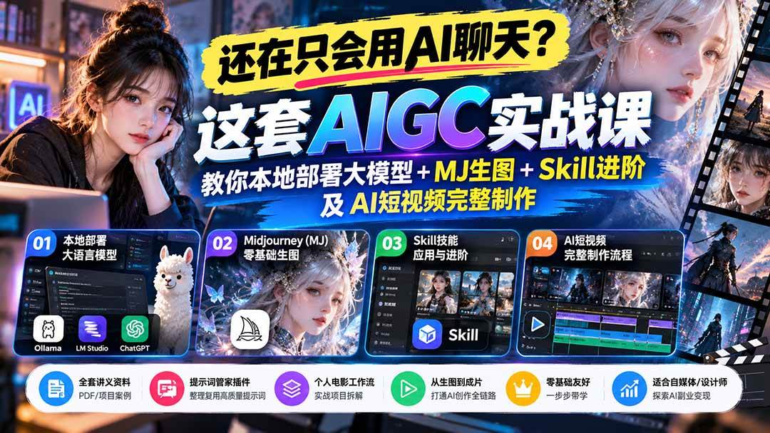 (21135期)【无水印】还在只会用AI聊天?这套AIGC实战课教你本地部署大模型+MJ生图+Skill进阶及AI短视频完整制作-优优云网创-中创网