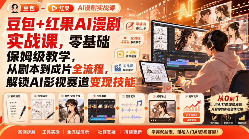 豆包+红果AI漫剧实战课,零基础保姆级教学,从剧本到成片全流程,解锁AI影视赛道变现技能-优优云网创-中创网