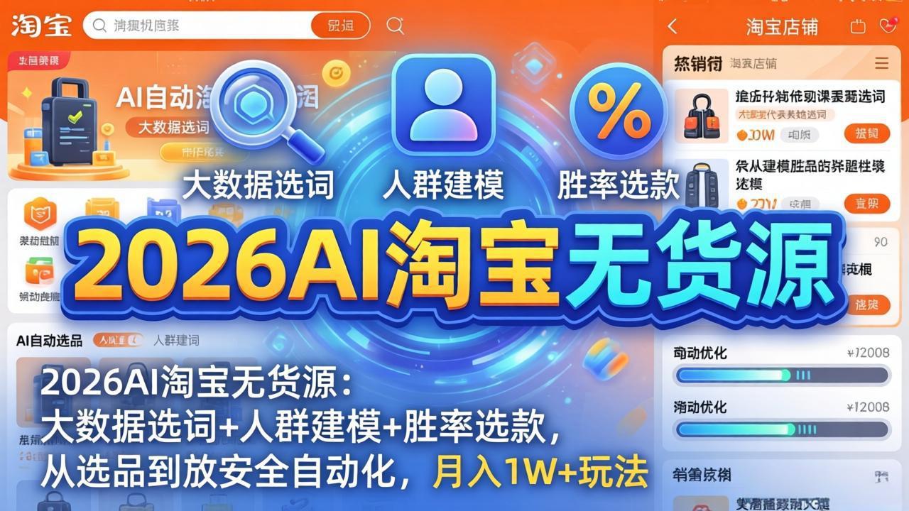 2026AI淘宝无货源-4月更新:大数据选词+人群建模+胜率选款,从选品到放大全自动化,月入1W+玩法-优优云网创